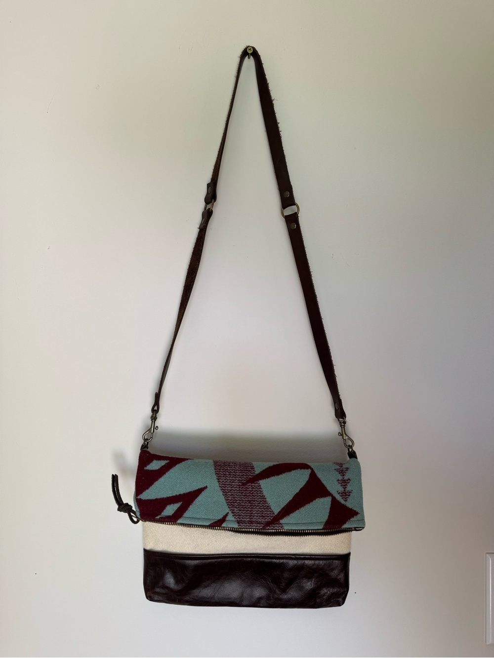 Man-made Boho Patterned Foldover Crossbody Bag in Teal and Burgundy